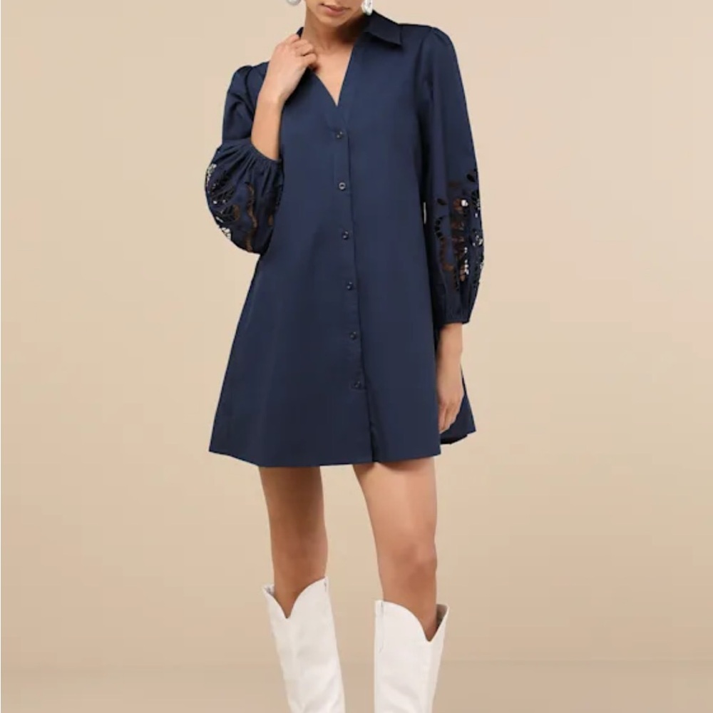 Lulu's Navy Long Sleeve Dress with Embroidered Details